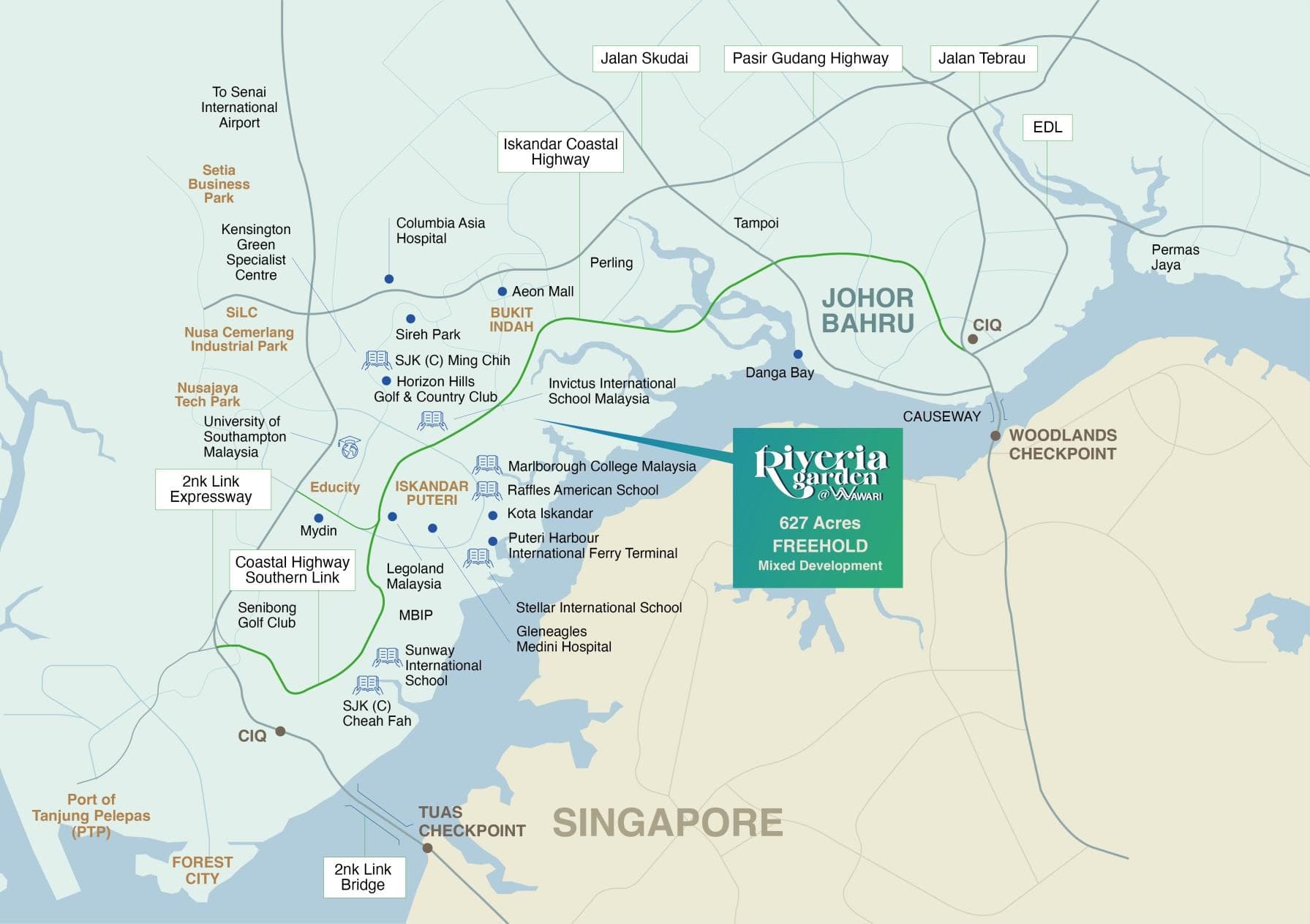 KSL's official location map: Riveria Garden, 627 acres freehold, near the Second Link, Tuas checkpoint, JB CIQ, Bukit Indah and Horizon Hills