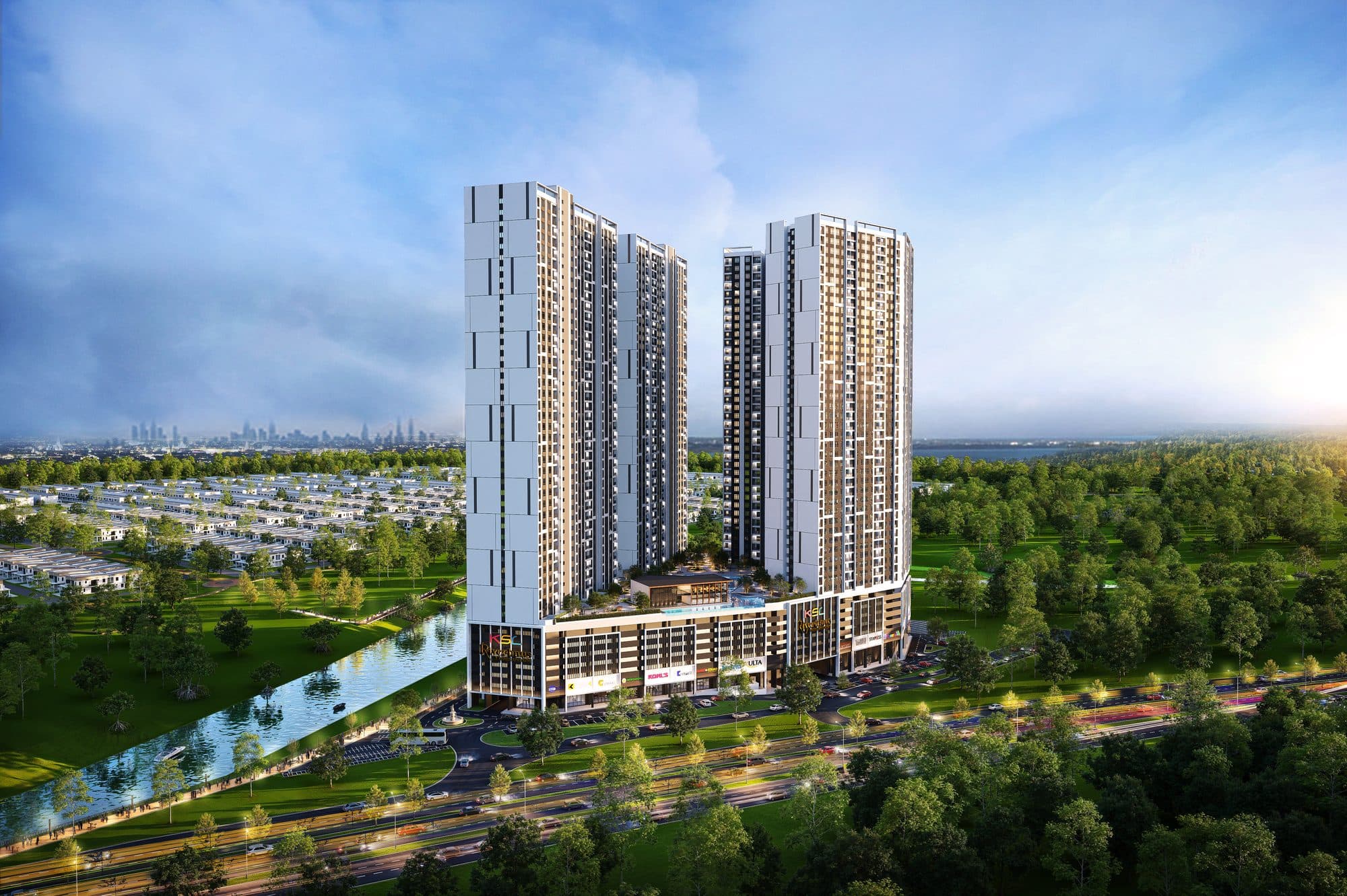 Riverhaus towers beside the Sungai Melayu, artist's impression